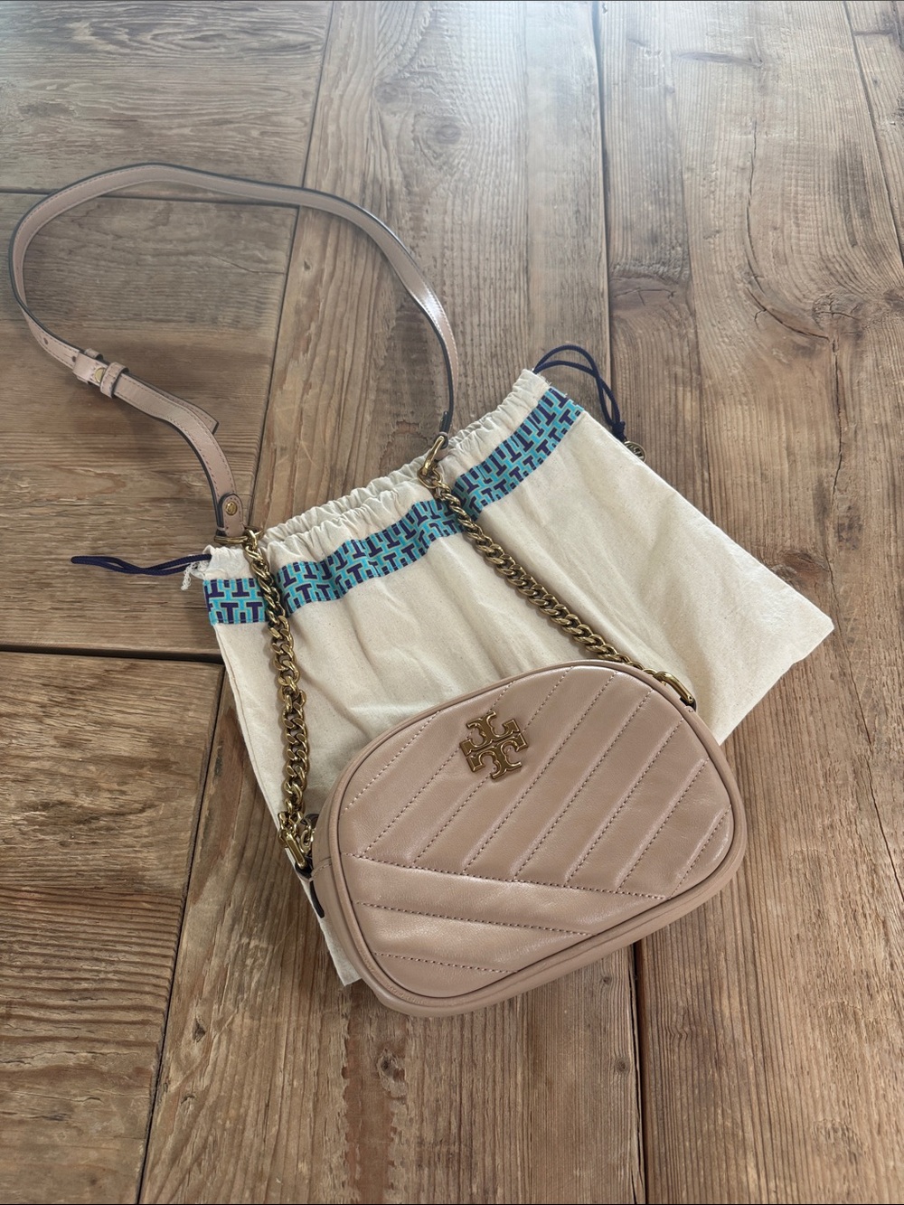 Tory Burch Pink Quilted Leather Camera Crossbody with Gold Chain